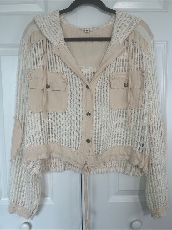 POL Jackets & Blazers - POL Beige & Cream Open-Weave Hooded Button Utility Jacket
